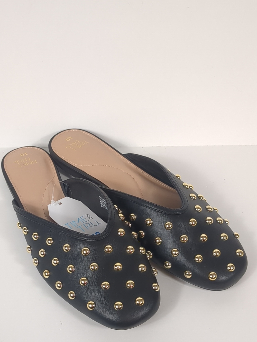 Time and Tru Black/Gold Studded Mules 10